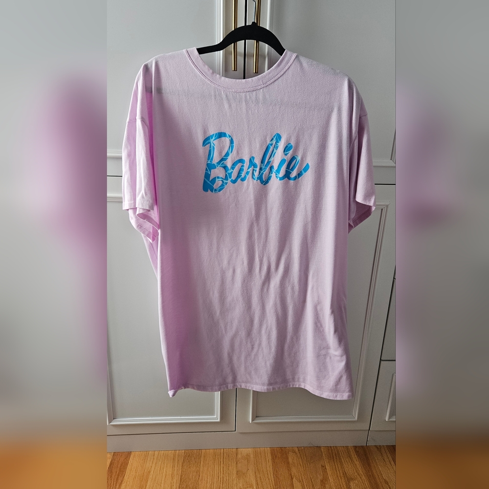Barbie Womens Light Pink Tee with Blue Logo